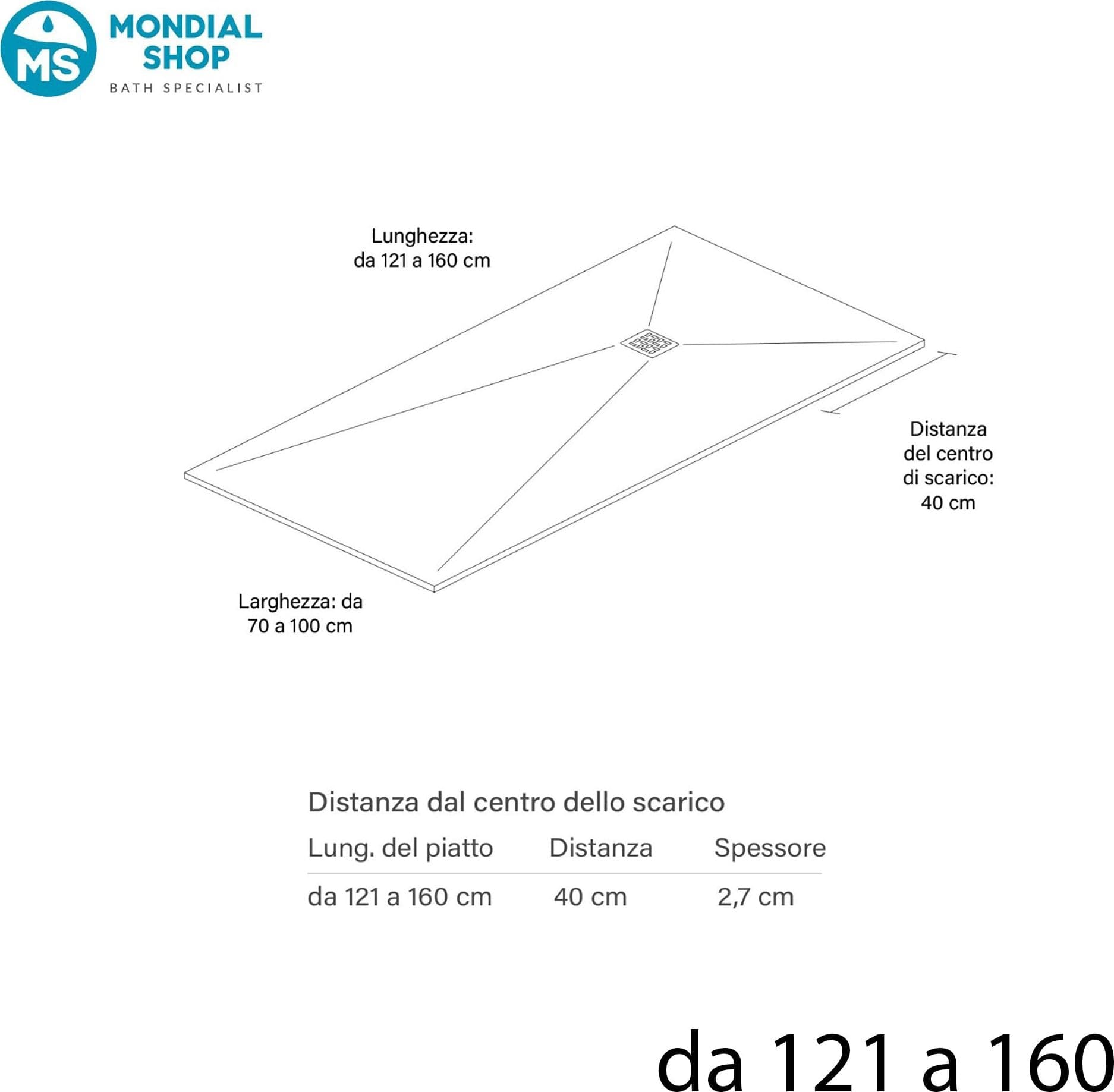 Piatto Doccia KRONOS PRO 3cm Marmoresina Bianco - Griglia Inox e Piletta - 7