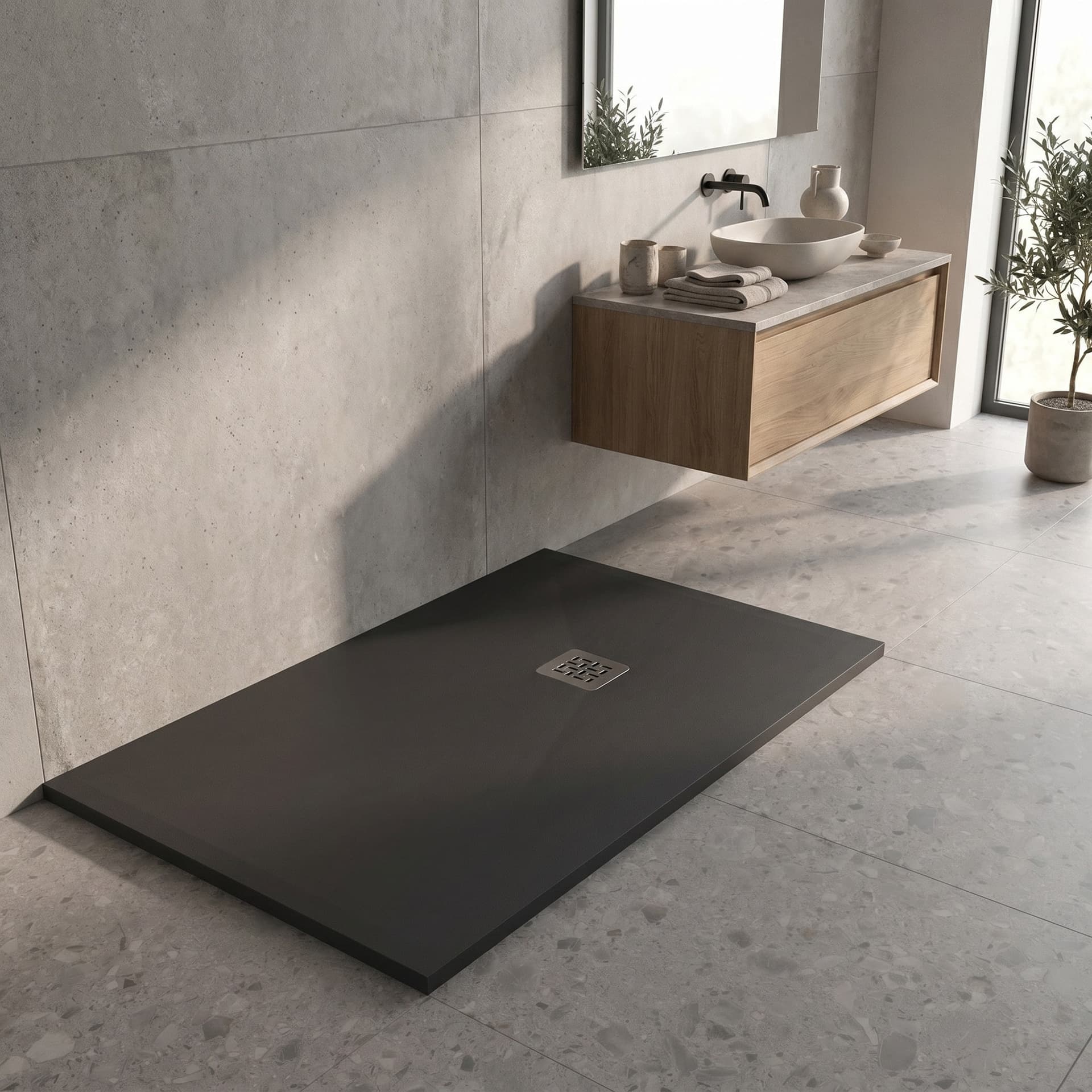 Piatto Doccia KRONOS PRO 3cm in Marmoresina Effetto Pietra Nero - Griglia Inox - 2
