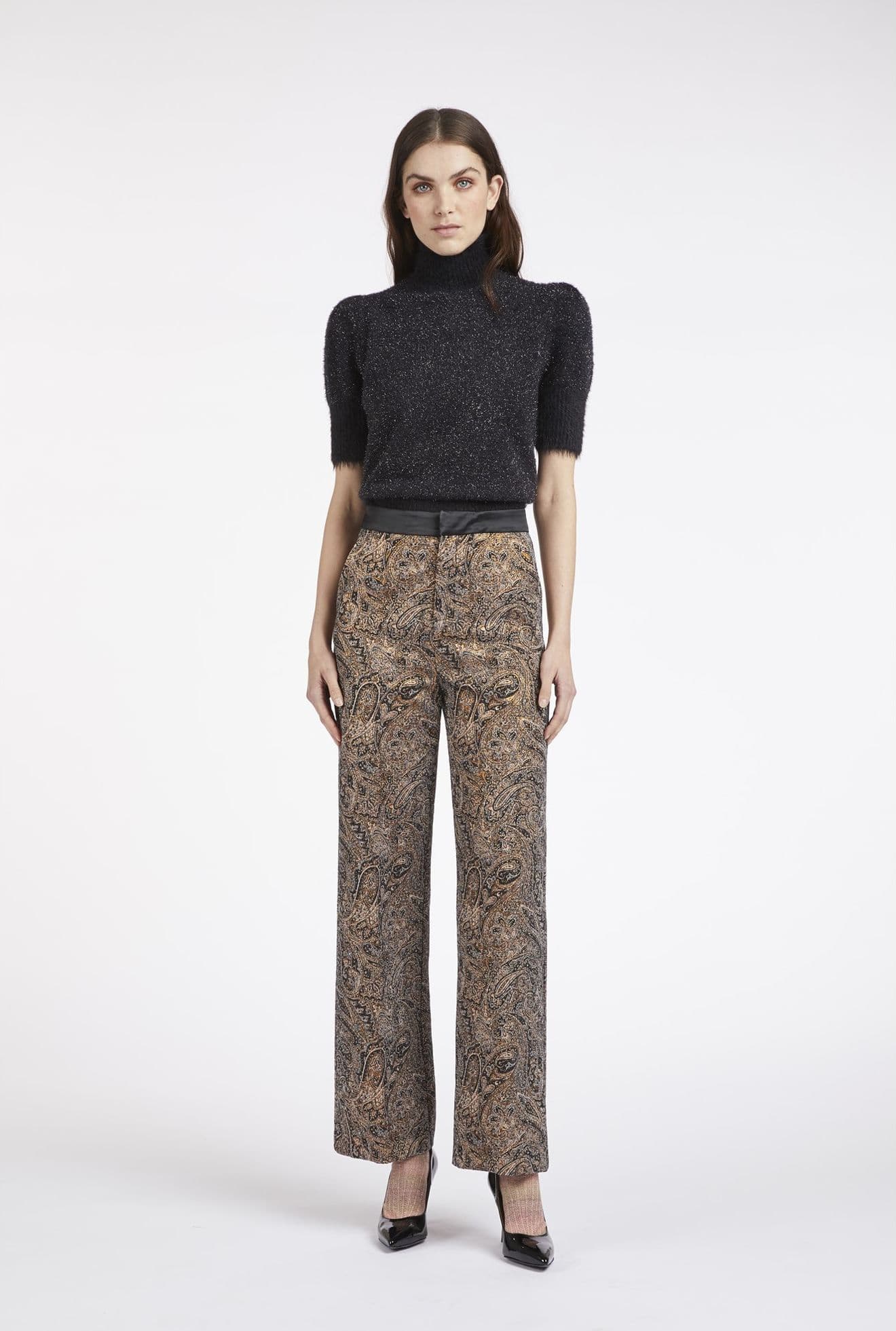 ELEGANTE PANTALONE PALAZZO JACQUARD – CACHEMIRE BRONZO – Cafènoir