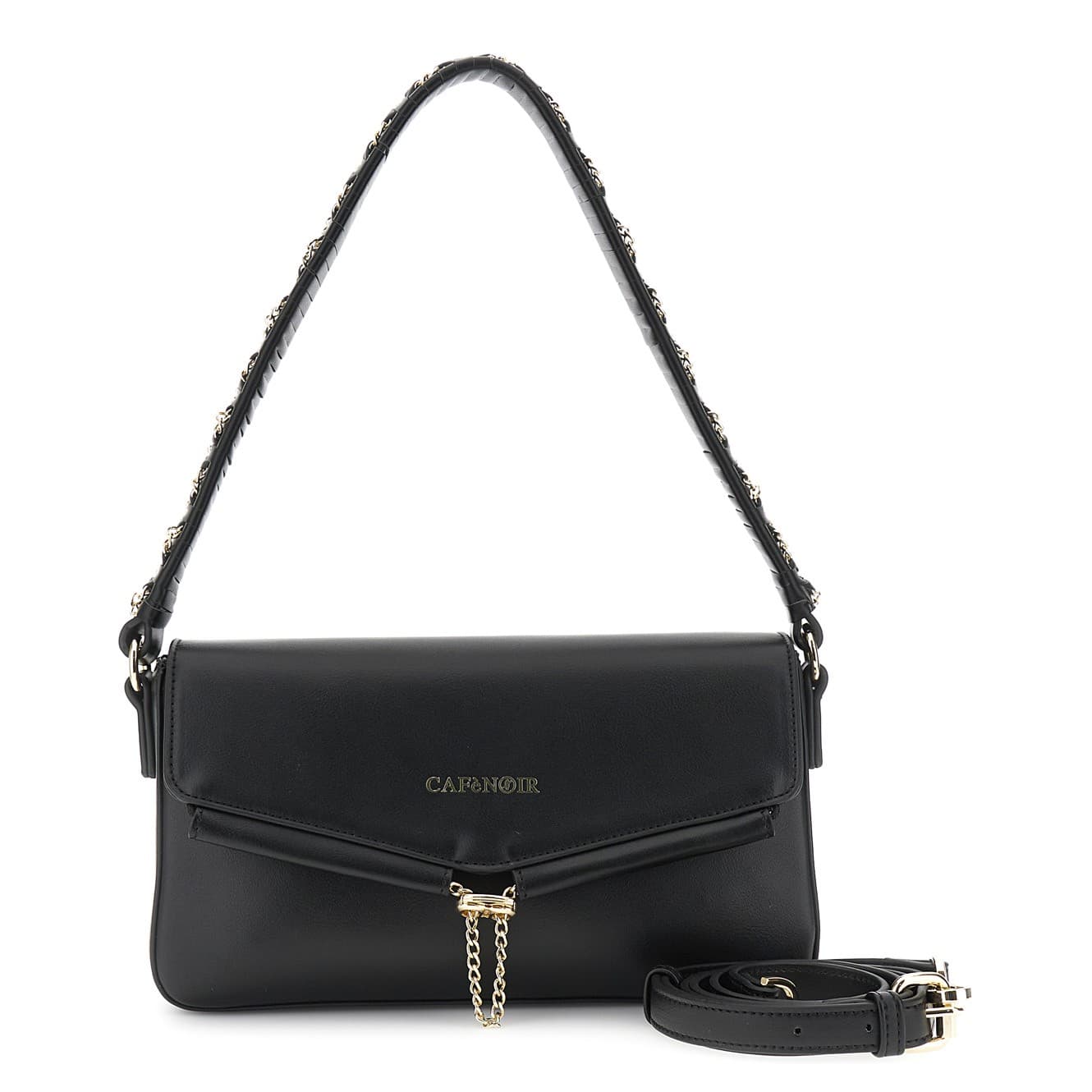 BORSA A SPALLA CON PATTINA E MOTIVO DI CATENINA IN METALLO E  MANICO CON INTRECC - 5