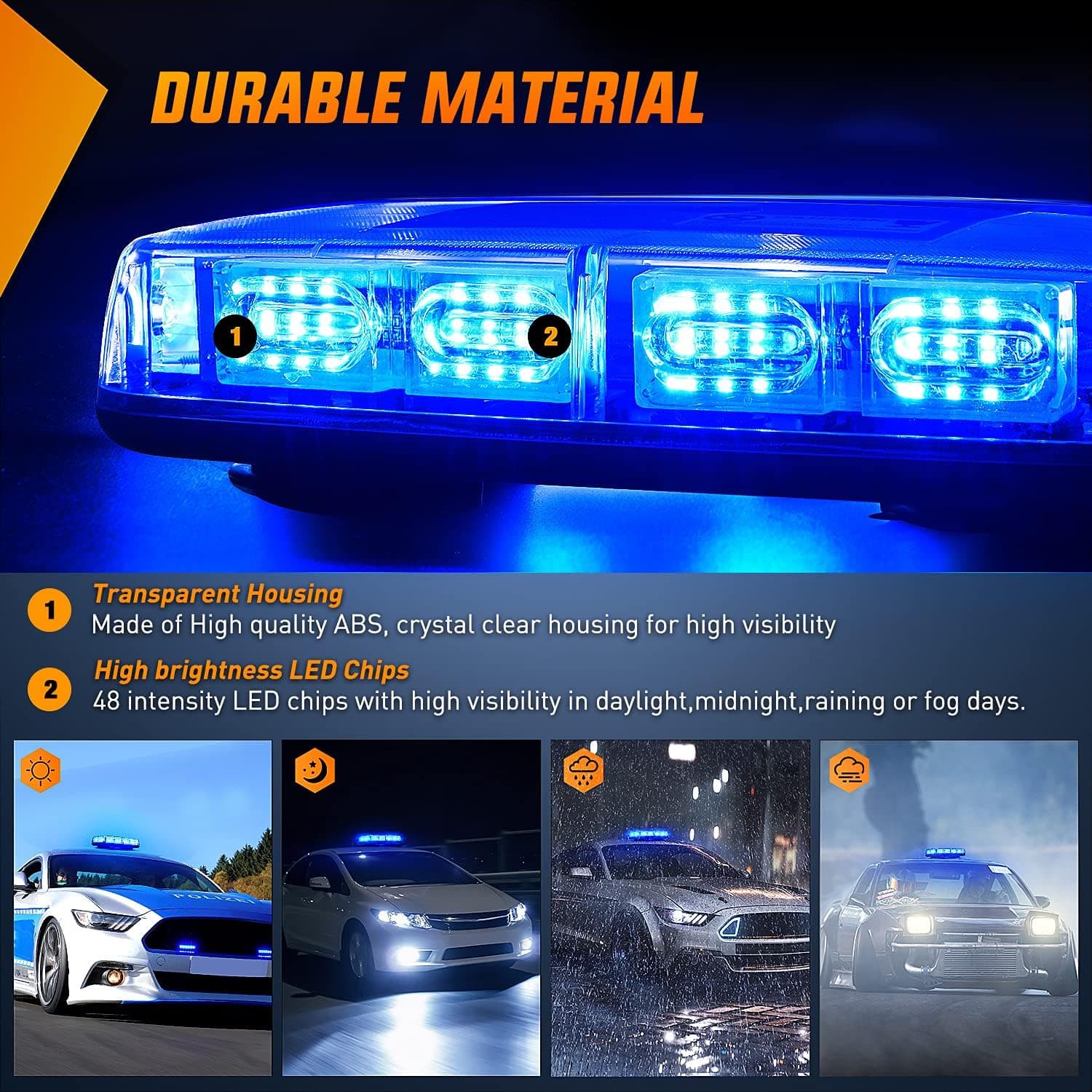 Barra Lampeggiante LED Blu 48 LED Magnetica per Auto Ambulanza Vigilanza e Mezzi di Soccorso 12- 24V Emergency Light - 3