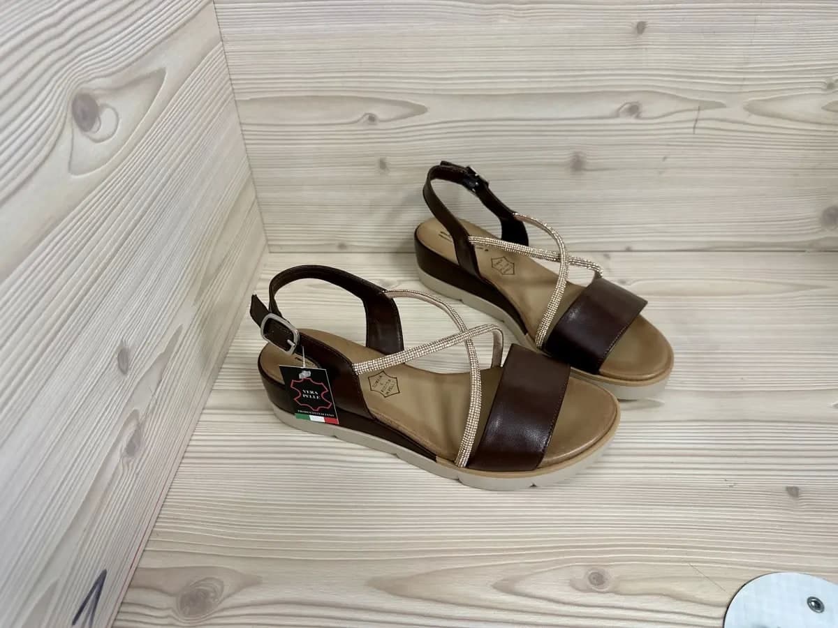 Lux sandali donna pelle marrone fascia strass made in Italy plantare comfort - 2