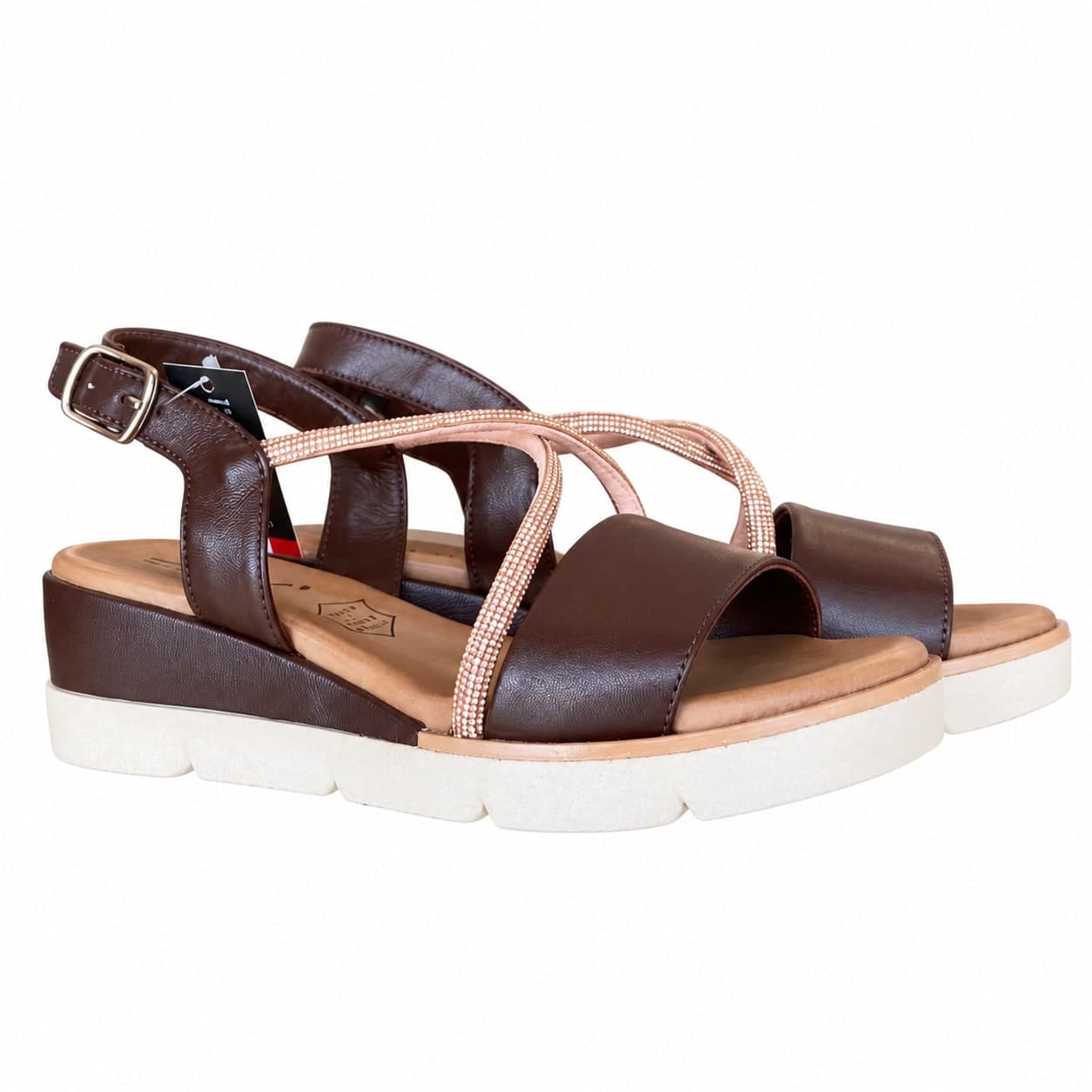 Lux sandali donna pelle marrone fascia strass made in Italy plantare comfort - 2