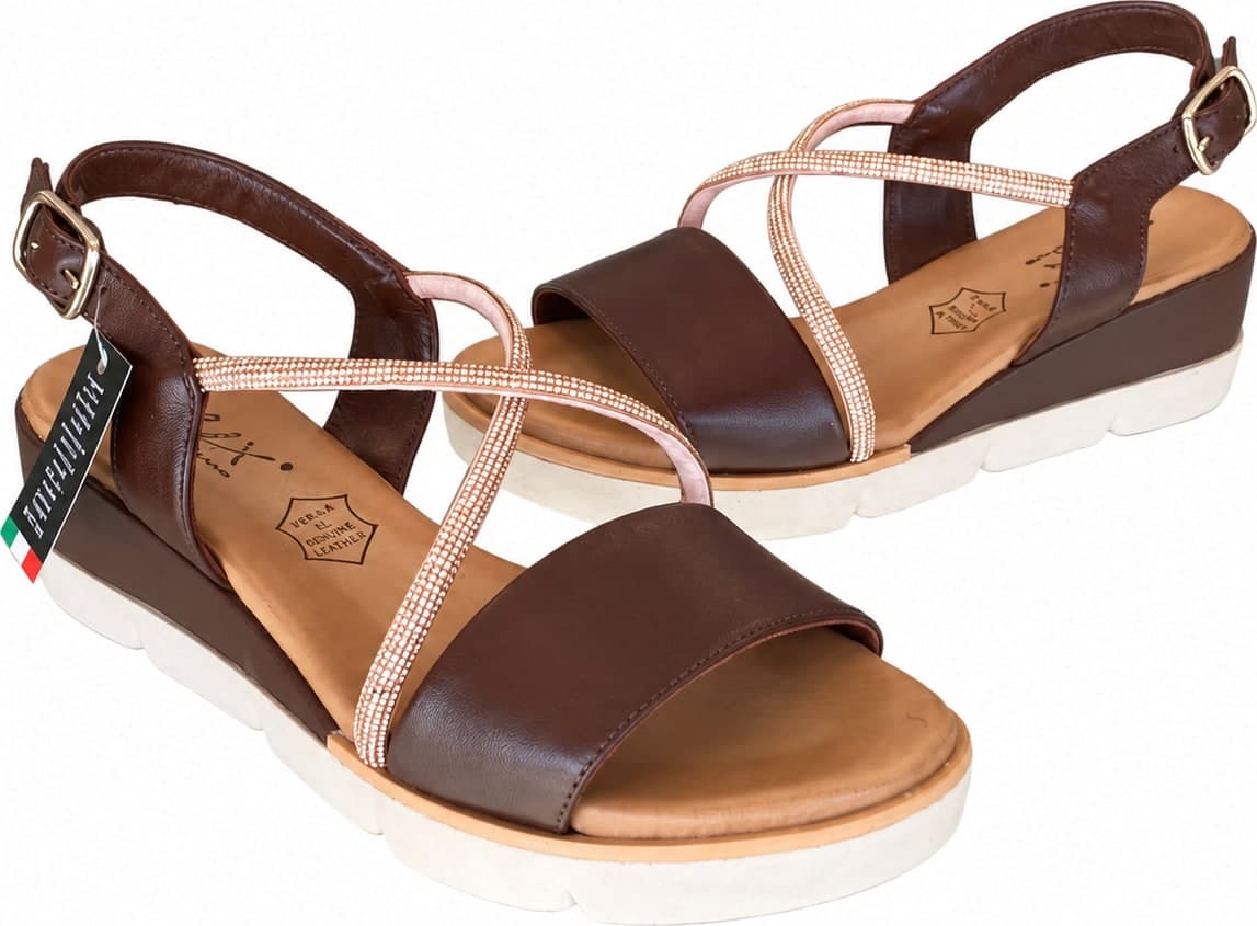 Lux sandali donna pelle marrone fascia strass made in Italy plantare comfort - 3