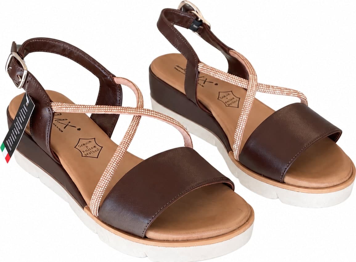Lux sandali donna pelle marrone fascia strass made in Italy plantare comfort - 4