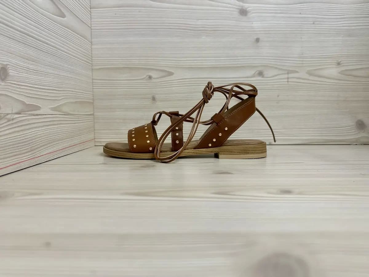 Lux sandali donna pelle cuoio borchie lacci alla caviglia made in Italy - 5