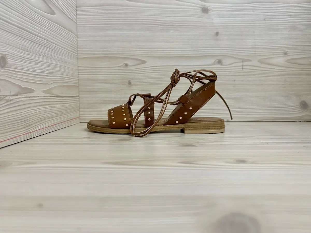 Lux sandali donna pelle cuoio borchie lacci alla caviglia made in Italy - 5