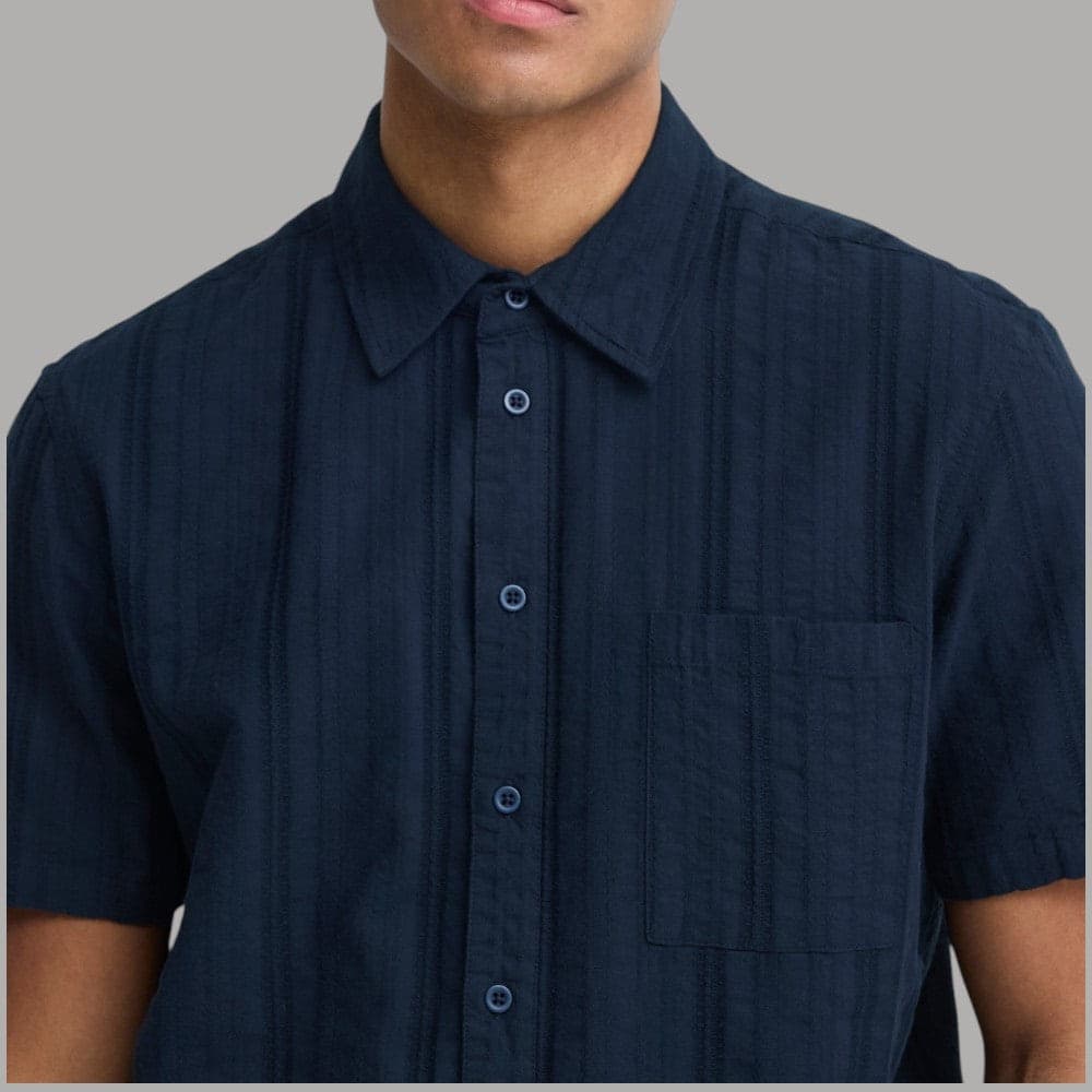 Blend camicia manica corta slim fit 100% cotone con taschino e jacquard blu - 3