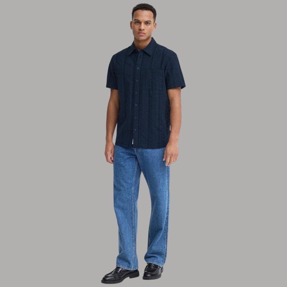 Blend camicia manica corta slim fit 100% cotone con taschino e jacquard blu - 4