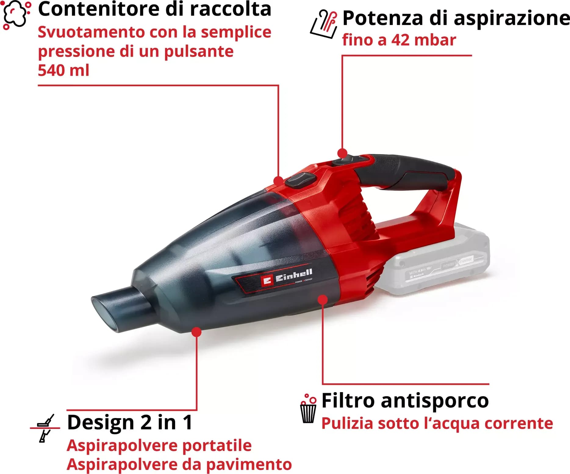 Aspirapolvere Manuale a Batteria TE Vc 18 Li Solo Einhell - 2