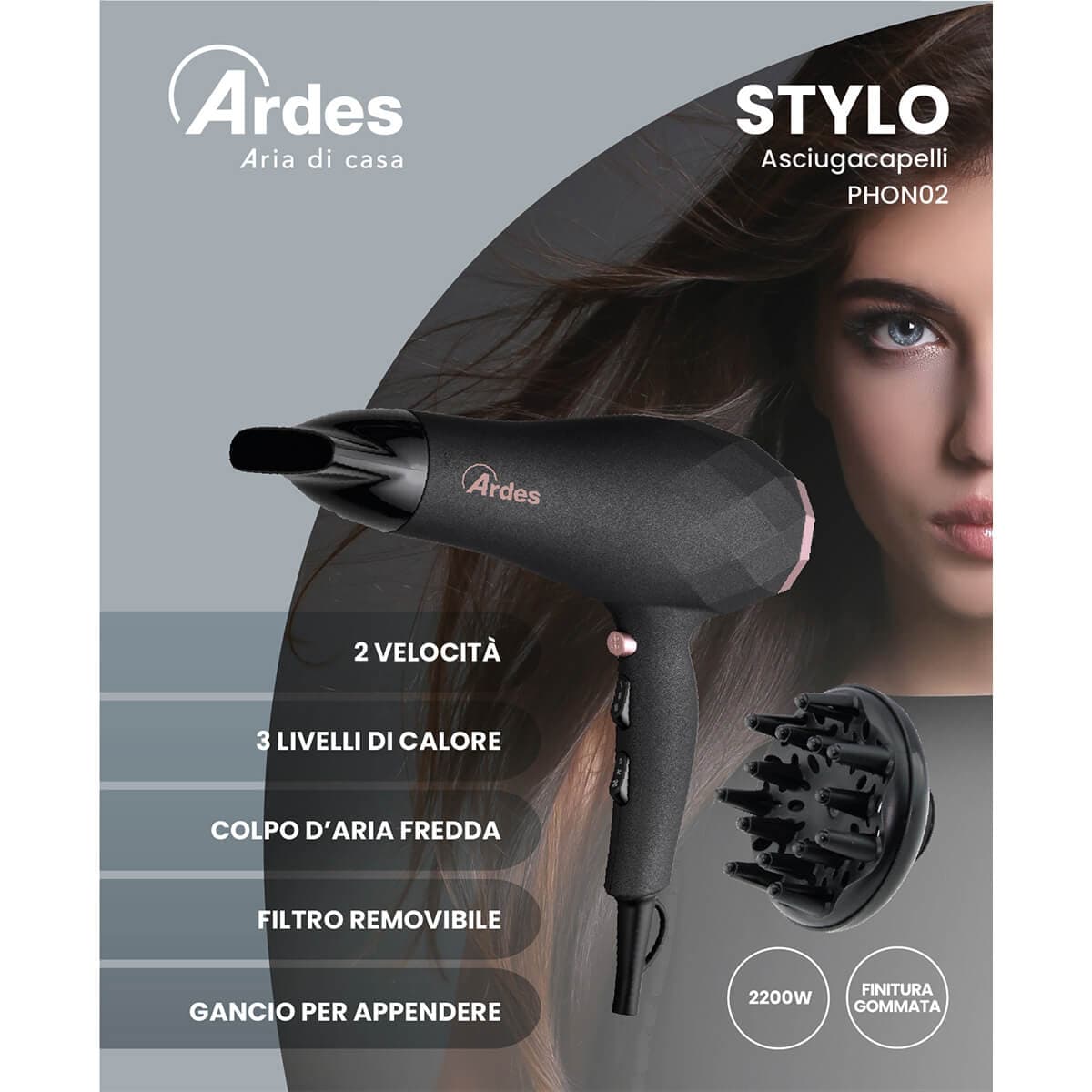 Asciugacapelli con Diffusore con Velocità e Livelli di Calore Ardes Stylo - 3