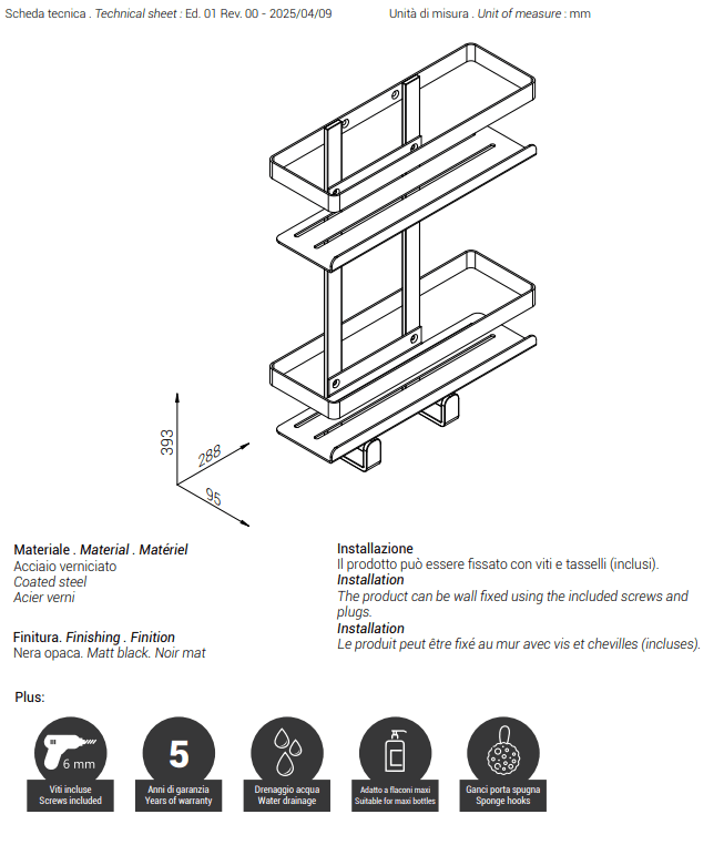 Cestello Doppio Myline Shower Metaf Nero Opaco - 2