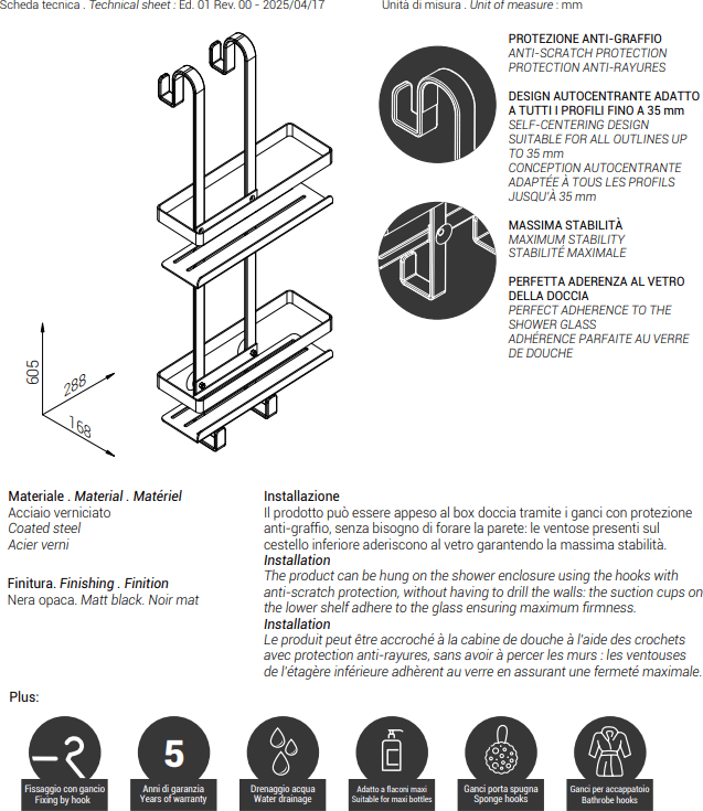 Contenitore da Appendere Myline Shower Metaf Nero Opaco - 3