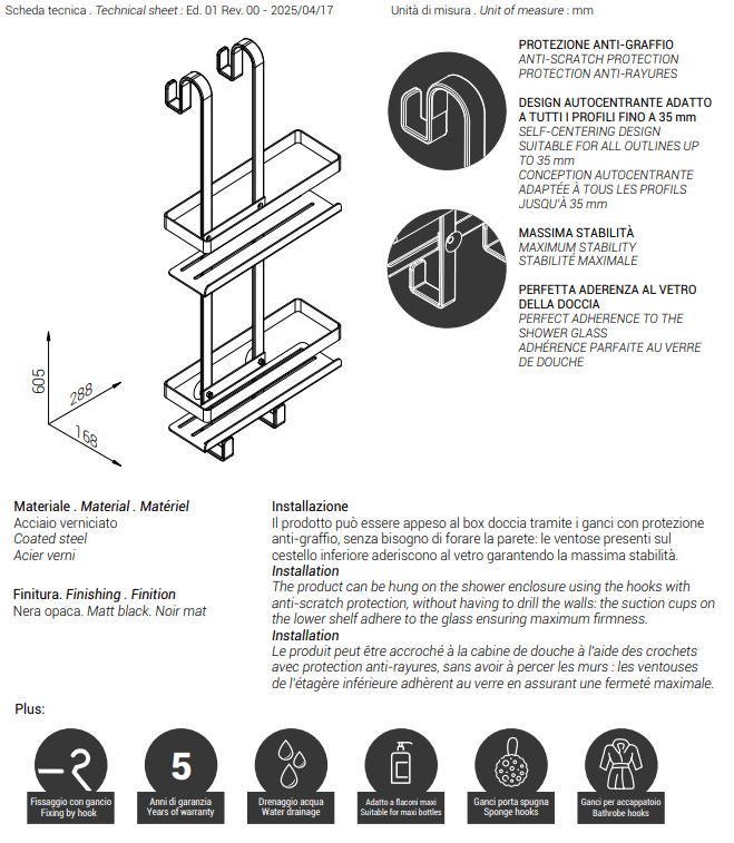 Contenitore da Appendere Myline Shower Metaf Nero Opaco - 3