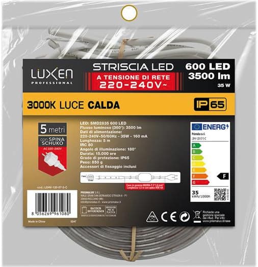 Striscia LED Luce Calda 15 W per M 120 LED per M 1500 Lumen M IP65 5 M - 2