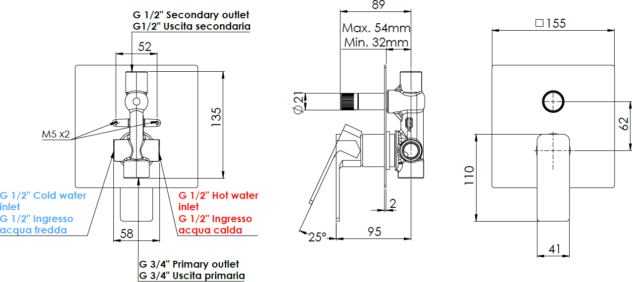 Rubinetto Miscelatore Incasso Doccia con Deviatore Maria Visual INOX - 2