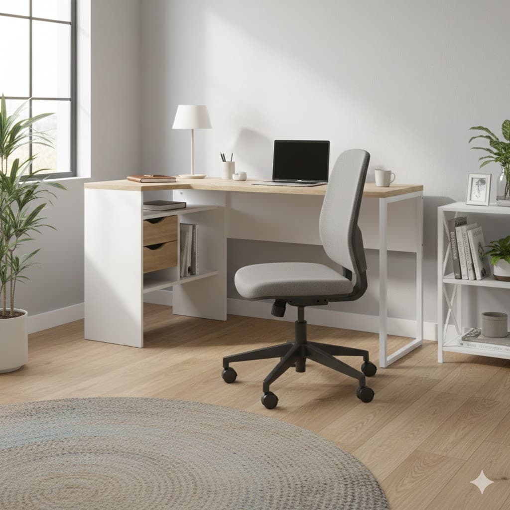 Scrivania Angolare Function Plus 8011849AK 2 Cassetti e Vano Bianco Quercia - 2