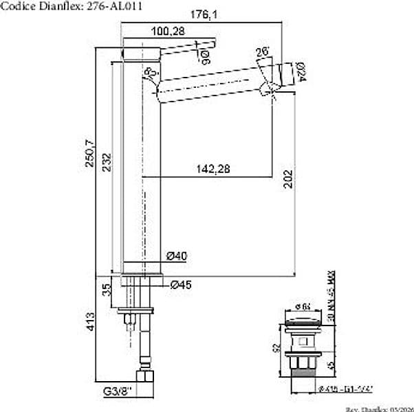 Rubinetto Miscelatore Monocomando Lavabo Alto Senza Scarico Argo Pvd Grigio - 2