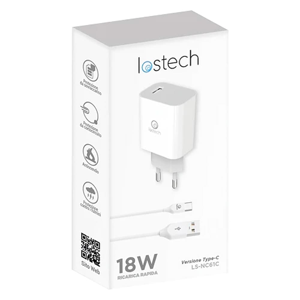 CARICABATTERIA DA MURO DUE USCITE CARICA ULTRA RAPIDA uscita USB / USB-C - pot.max 20W  - LOSTECH