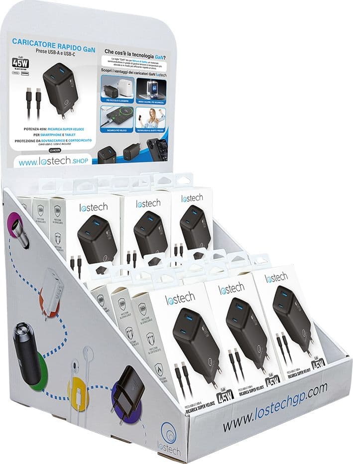 Espositore da Banco per Caricatori USB ( Lostech Nero) Completo 12 Pezzi