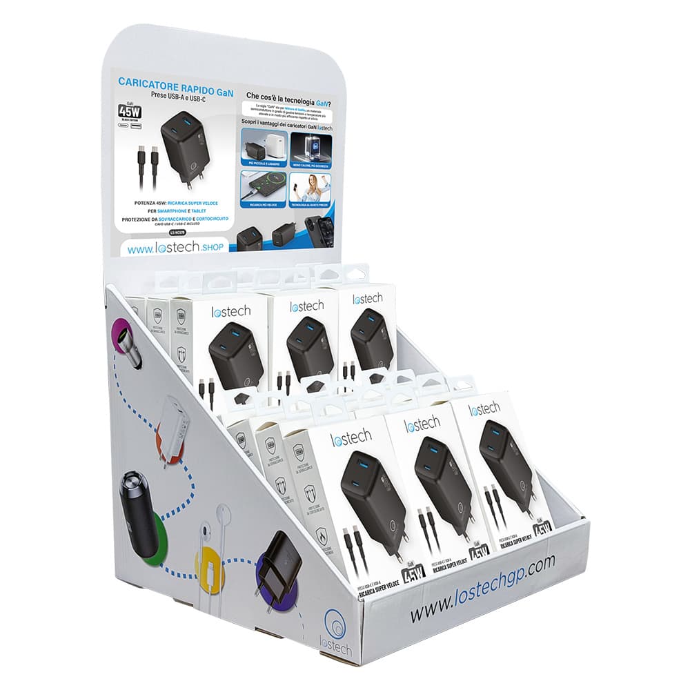 Espositore da Banco per Caricatori USB ( Lostech Nero) Completo 12 Pezzi
