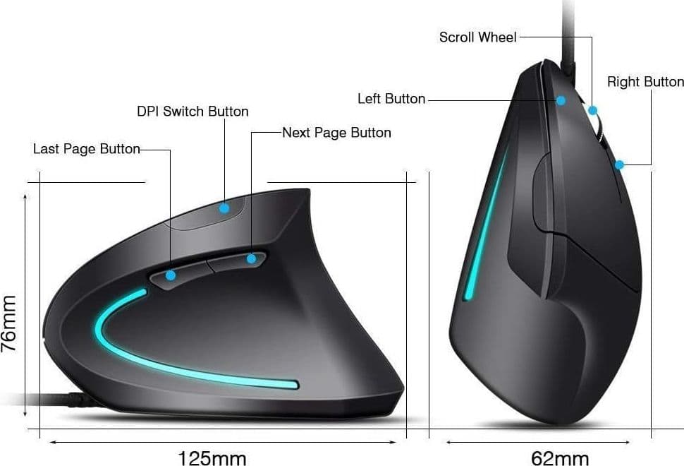 Mouse Verticale Ergonomico Cablato USB 3200 DPI 5 Tasti PC Mac Laptop - 2