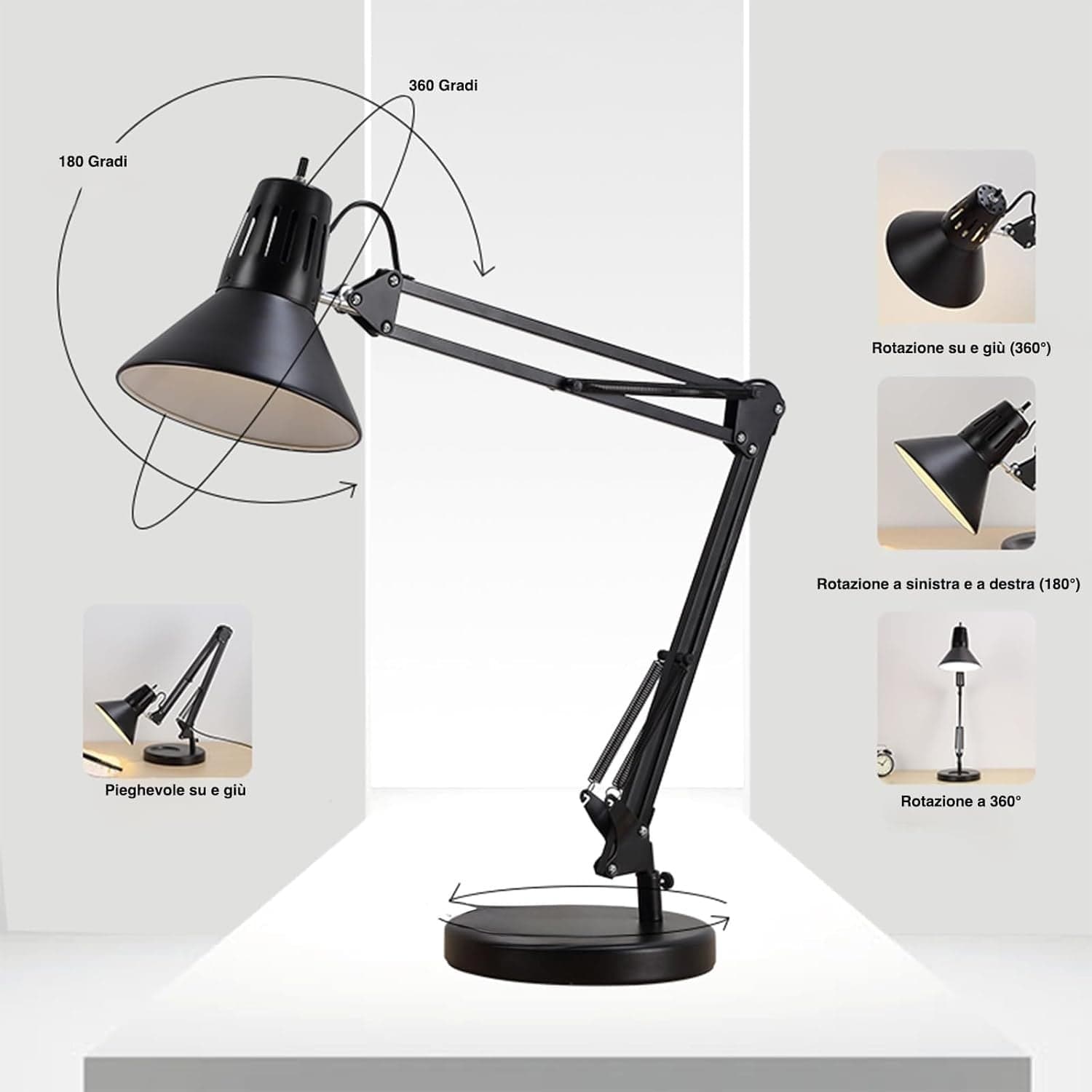 Lampada Scrivania E27 Braccio Snodato Regolabile Metallo Nero Ufficio Studio - 4