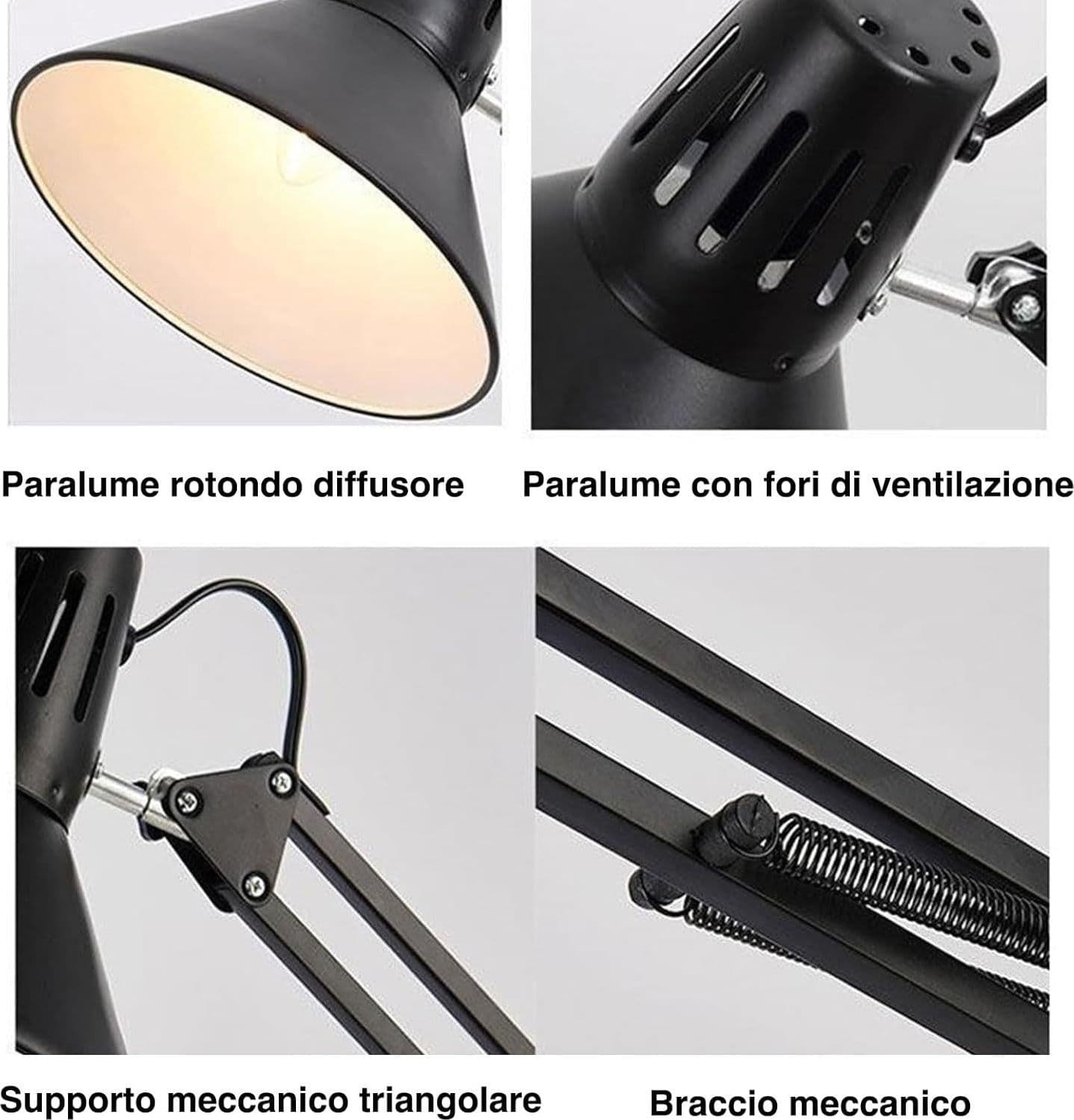 Lampada Scrivania E27 Braccio Snodato Regolabile Metallo Nero Ufficio Studio - 5