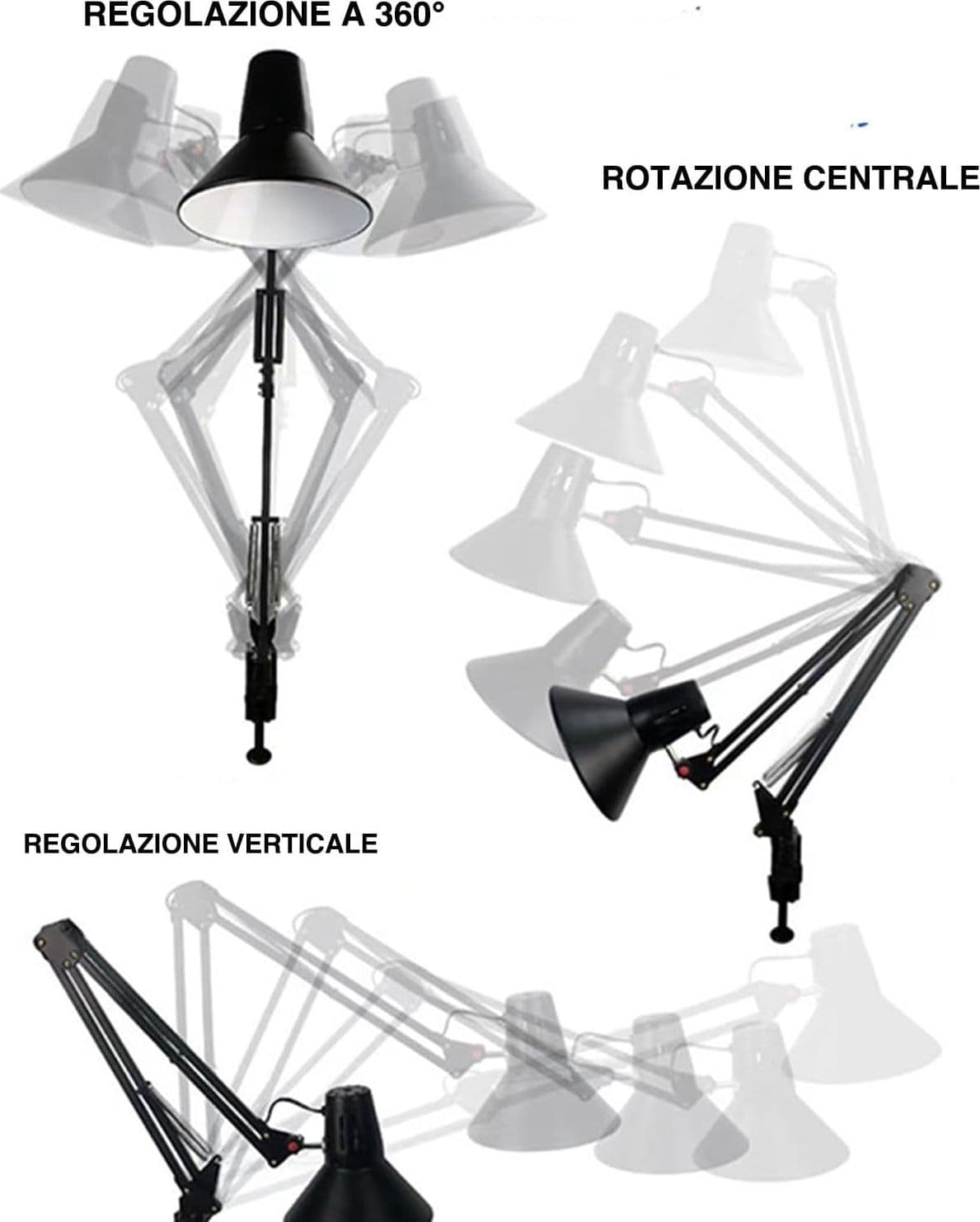 Lampada Scrivania E27 Braccio Snodato Regolabile Metallo Nero Ufficio Studio - 7