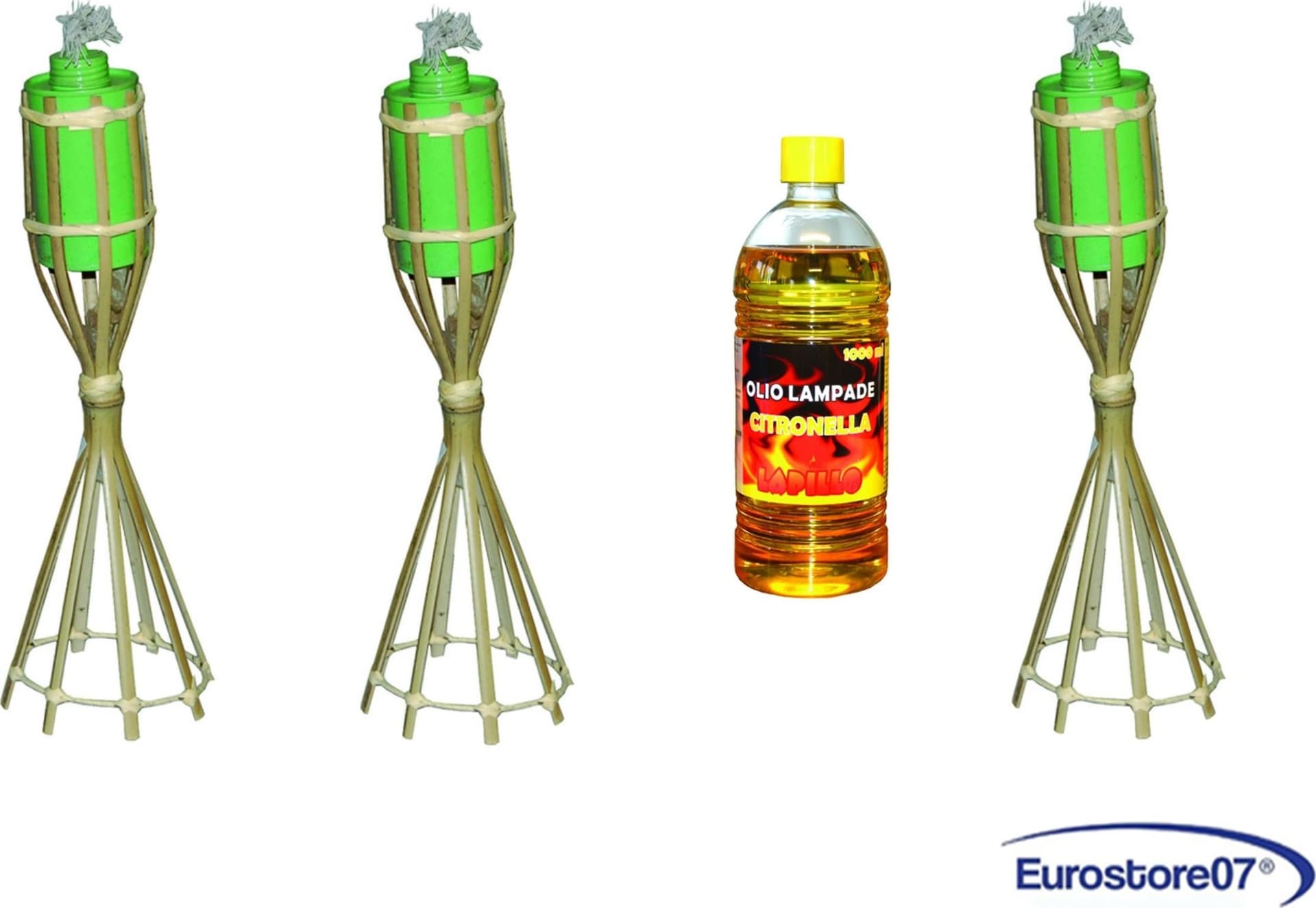 Torcia bambu da appoggio  cm.35h.  ø cm.10x5,5h. - pz 3 + 1 lt olio citronella - 2