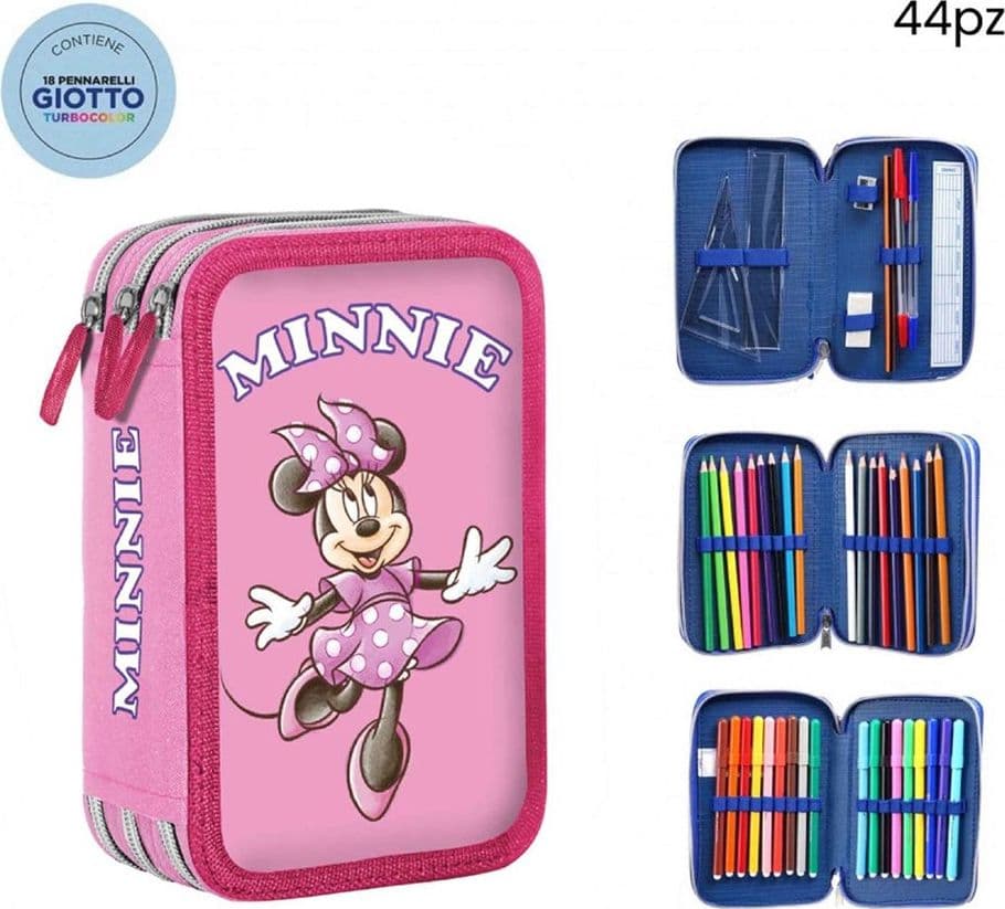 ASTUCCIO COMPLETO 44PZ A 3 ZIP CERNIERE CON PENNARELLI GIOTTO GRAFICA MINNIE SCUOLA 969606 - 2