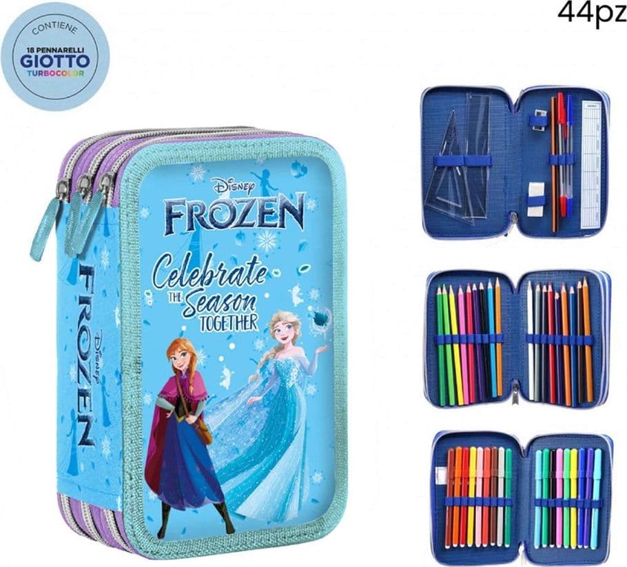 ASTUCCIO COMPLETO 44PZ A 3 ZIP CERNIERE CON PENNARELLI GIOTTO GRAFICA FROZEN SCUOLA 969613 - 2