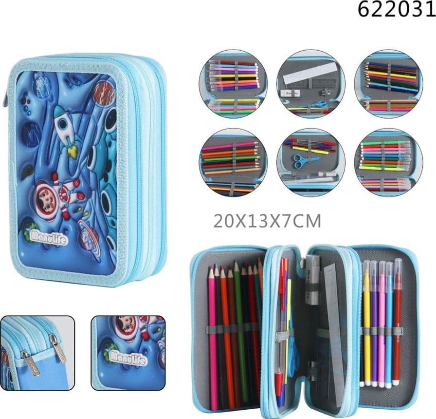 ASTUCCIO SCUOLA TRIPLO A 3 SCOMPARTI DESIGN 3D TEMA ASTRONAUTA MATITE COLORATE 622031 - 3