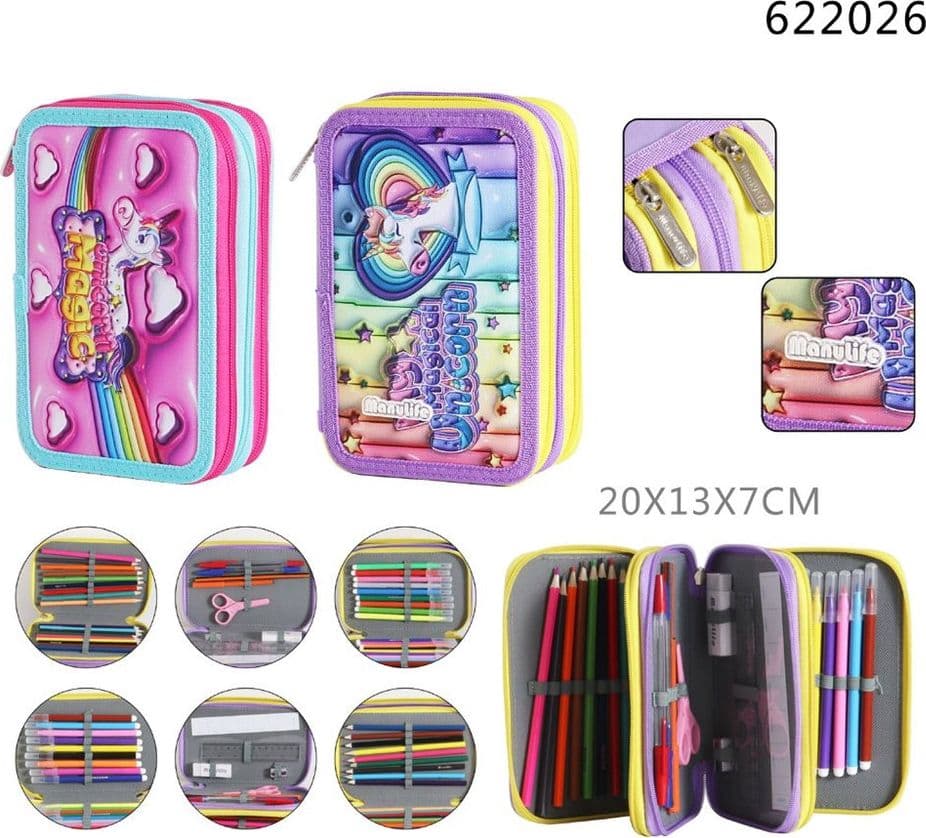 ASTUCCIO SCUOLA TRIPLO A 3 SCOMPARTI DESIGN 3D TEMA UNICORNO MAGICO MATITE COLORATE 622026 - 2