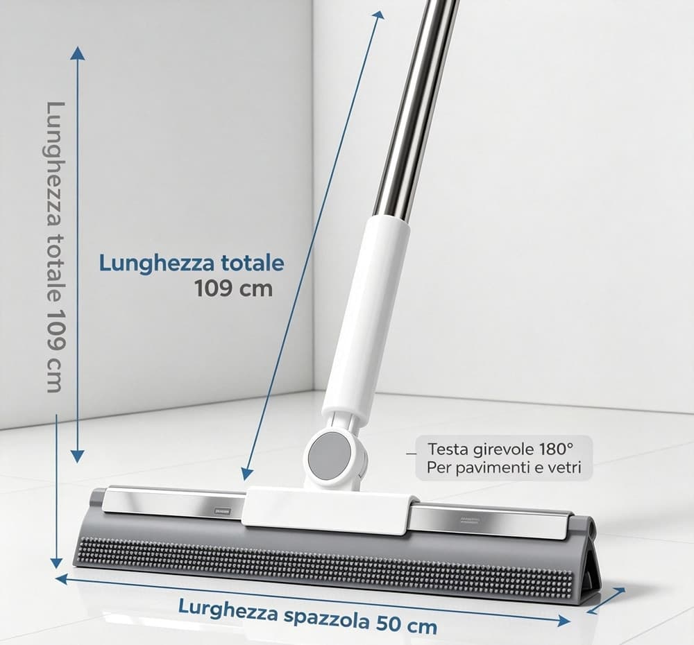 SCOPA MAGICA DOPPIA AZIONE MULTIUSO SILICONE ROTANTE A 180° LAVAVETRI PAVIMENTI CON MANICO - 2