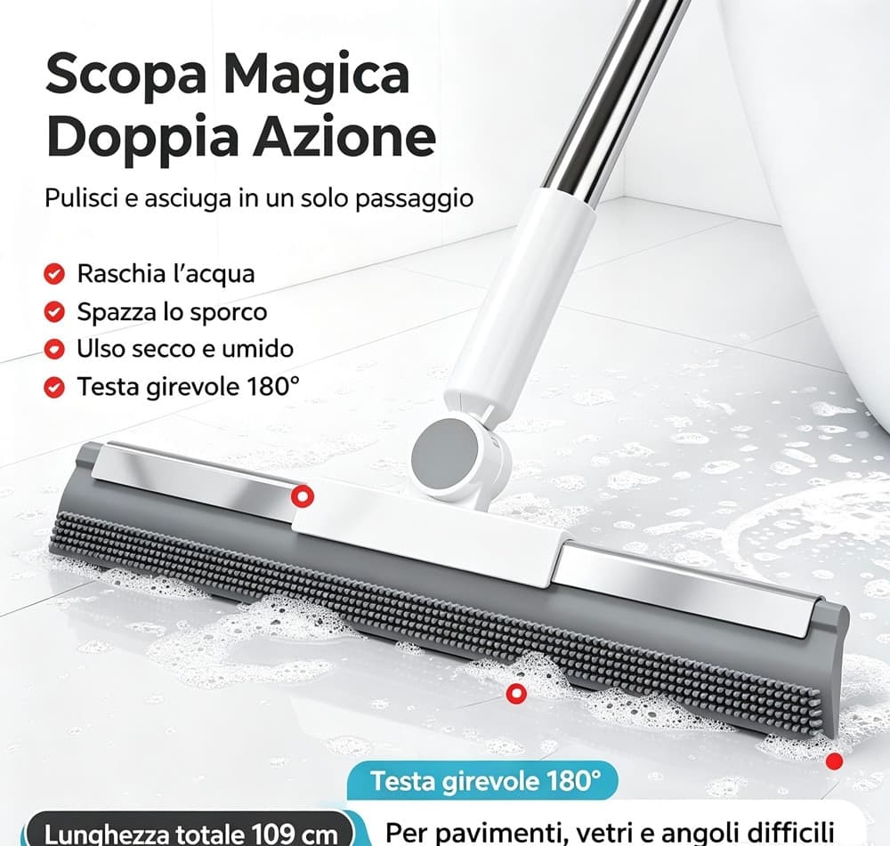 SCOPA MAGICA DOPPIA AZIONE MULTIUSO SILICONE ROTANTE A 180° LAVAVETRI PAVIMENTI CON MANICO - 3