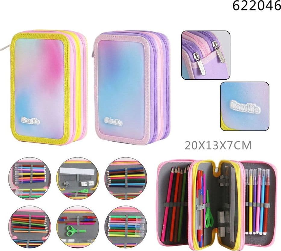 ASTUCCIO SCUOLA TRIPLO A 3 ZIP SCOMPARTI DESIGN A TEMA SFUMATURA MATITE COLORATE 622046 - 2