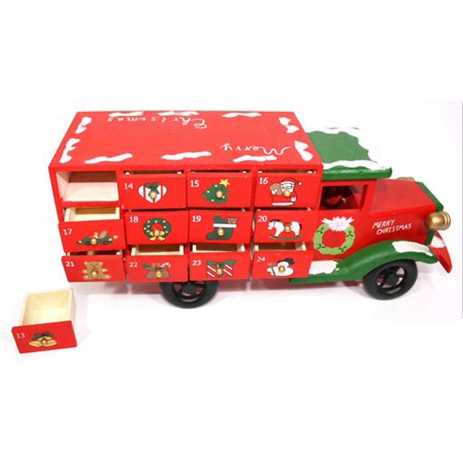 Calendario dell'avvento natalizio "Camion" decorazione in legno rosso con cassetti - 2