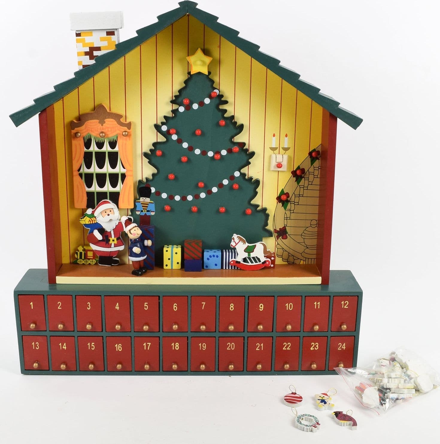 Calendario dell'avvento natalizio "Casetta Babbo Natale" decorazione in legno con cassetti - 2