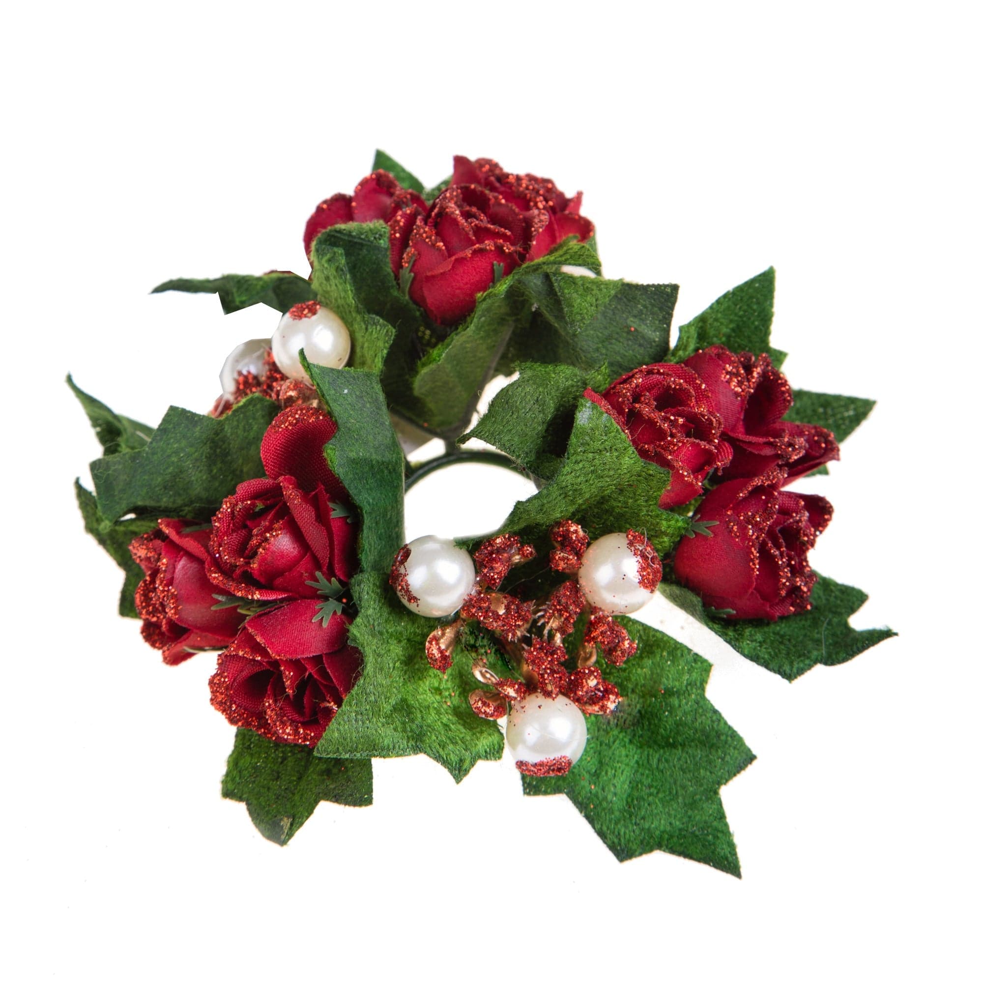 Portacandela decorativo con rose e perle per decorazioni natalizie