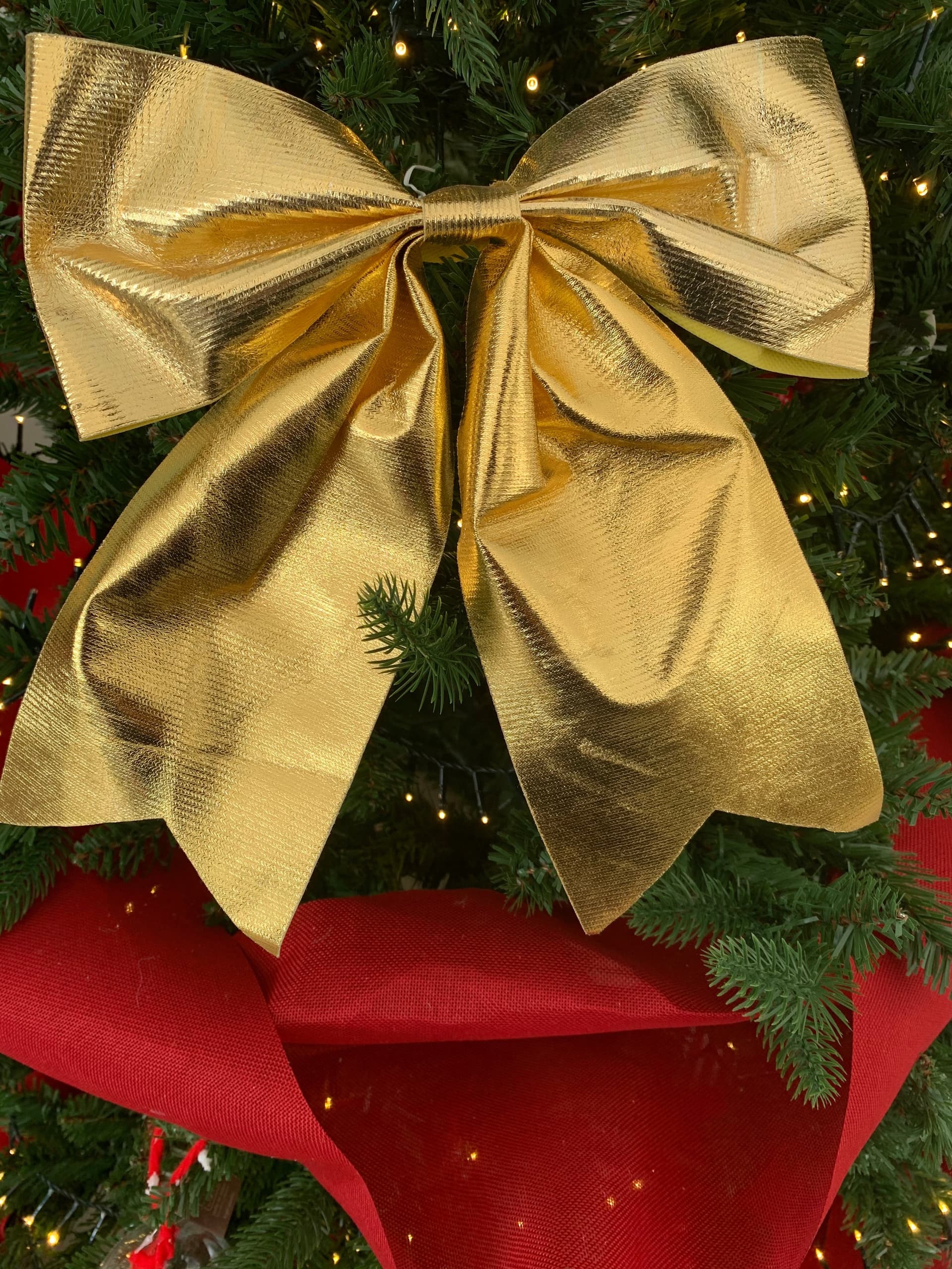Fiocco oro metallizzato decorazione natalizia per albero e ghirlanda dietro porta 34 cm - 2