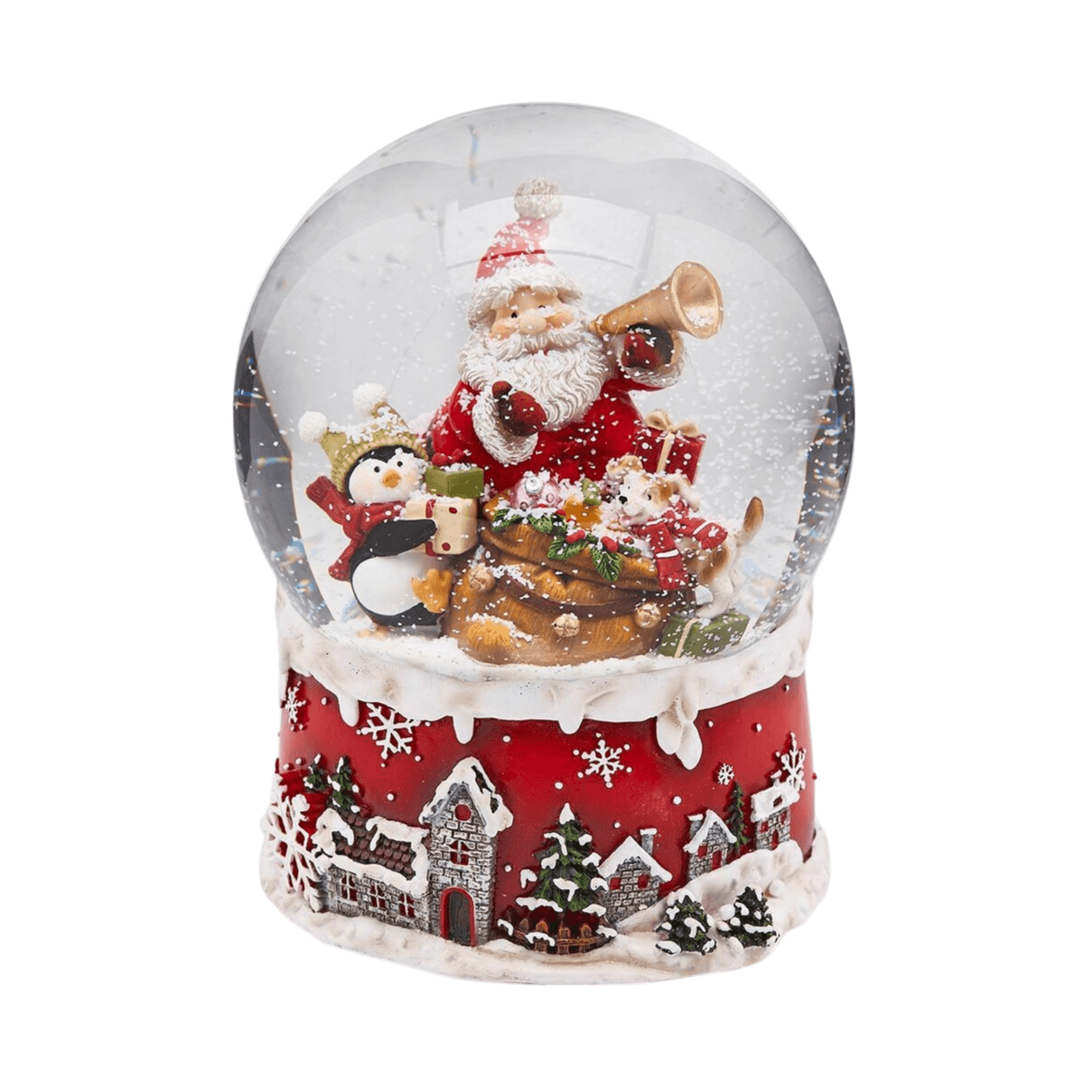 Sfera di vetro con acqua, Babbo natale con sacco e trombetta, carillon da 20 cm