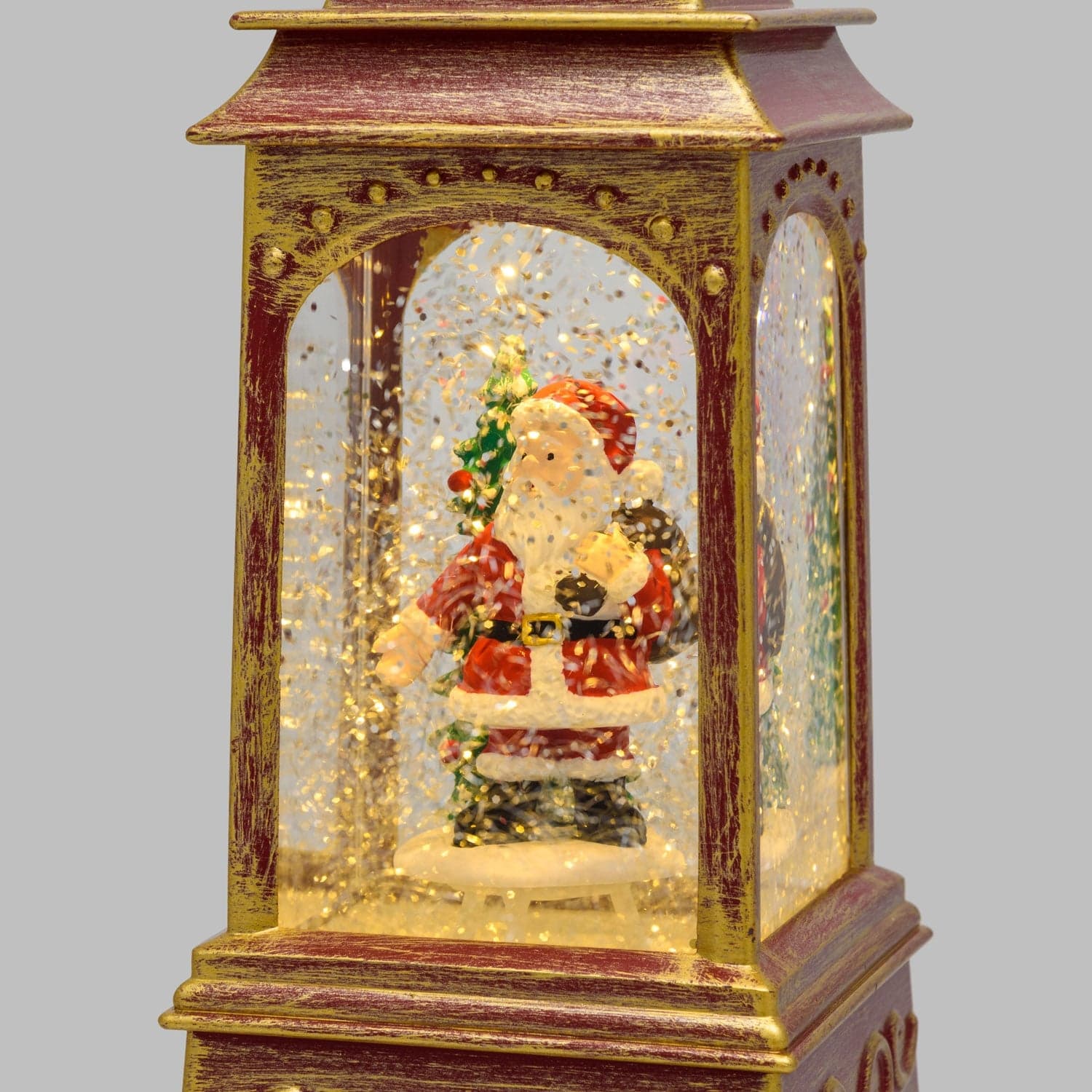 Lanterna natalizia a batteria rosso antico con nevicata glitter h 20 cm - 2