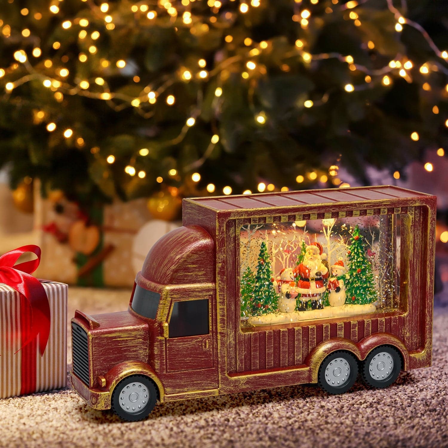 Lanterna natalizia a batteria rosso antico "Cola Truck" con nevicata glitter da 32cm - 2