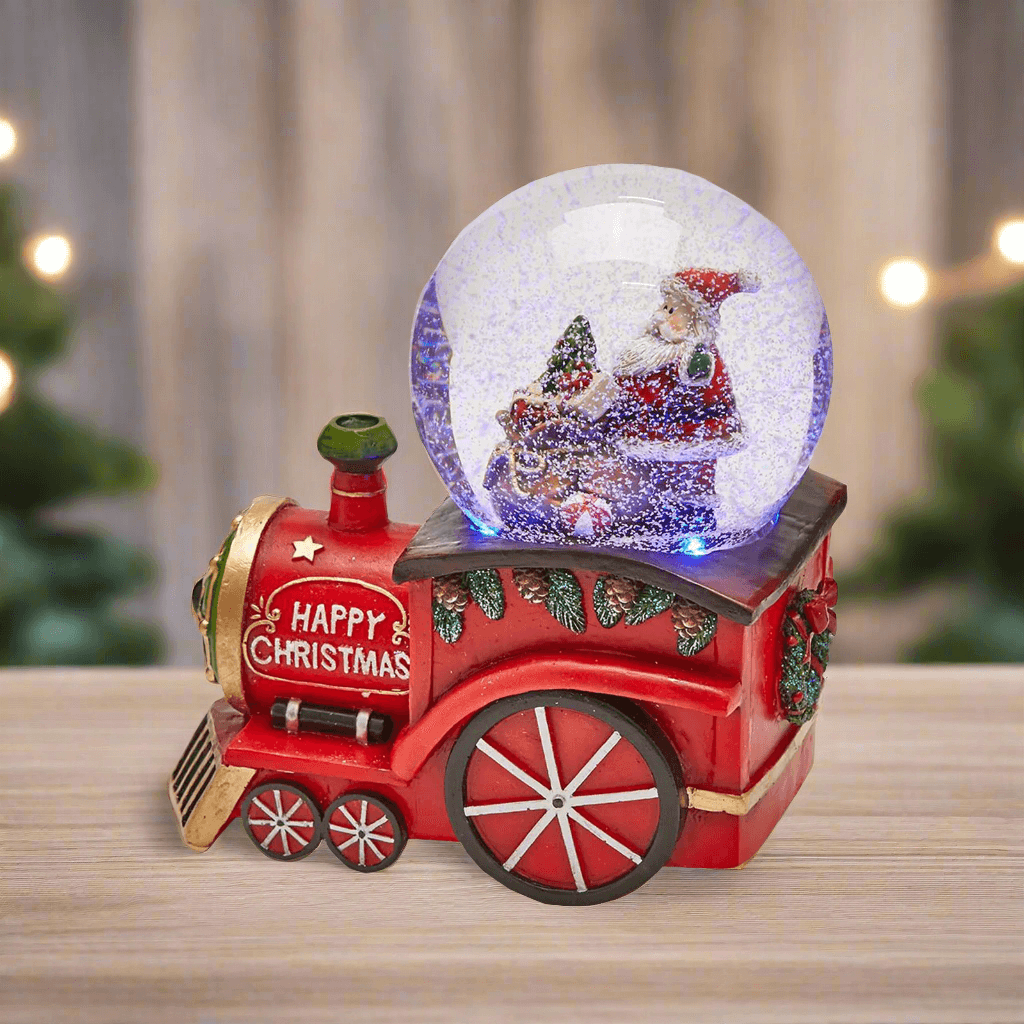 Sfera di cristallo natalizia con Babbo Natale in Trenino, Carillon decorazione per interno h 17 cm - 2