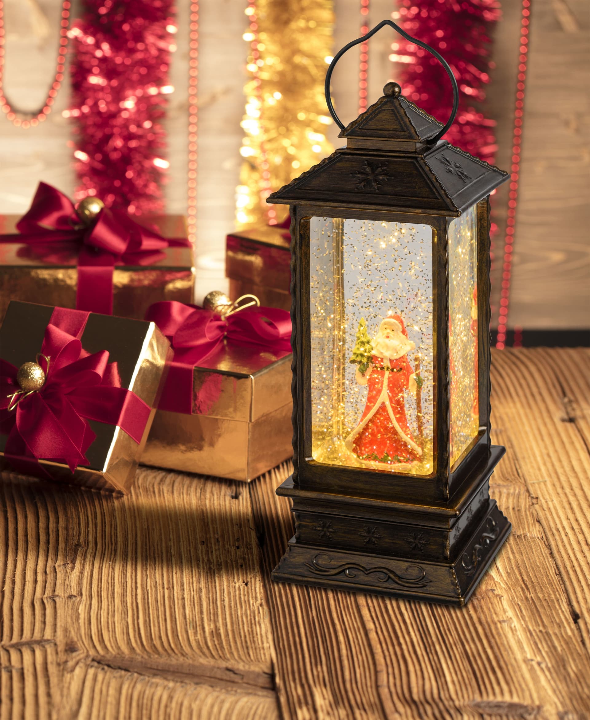 Palla di vetro con neve a forma di Lanterna natalizia con babbo natale a led h 27 cm - 2
