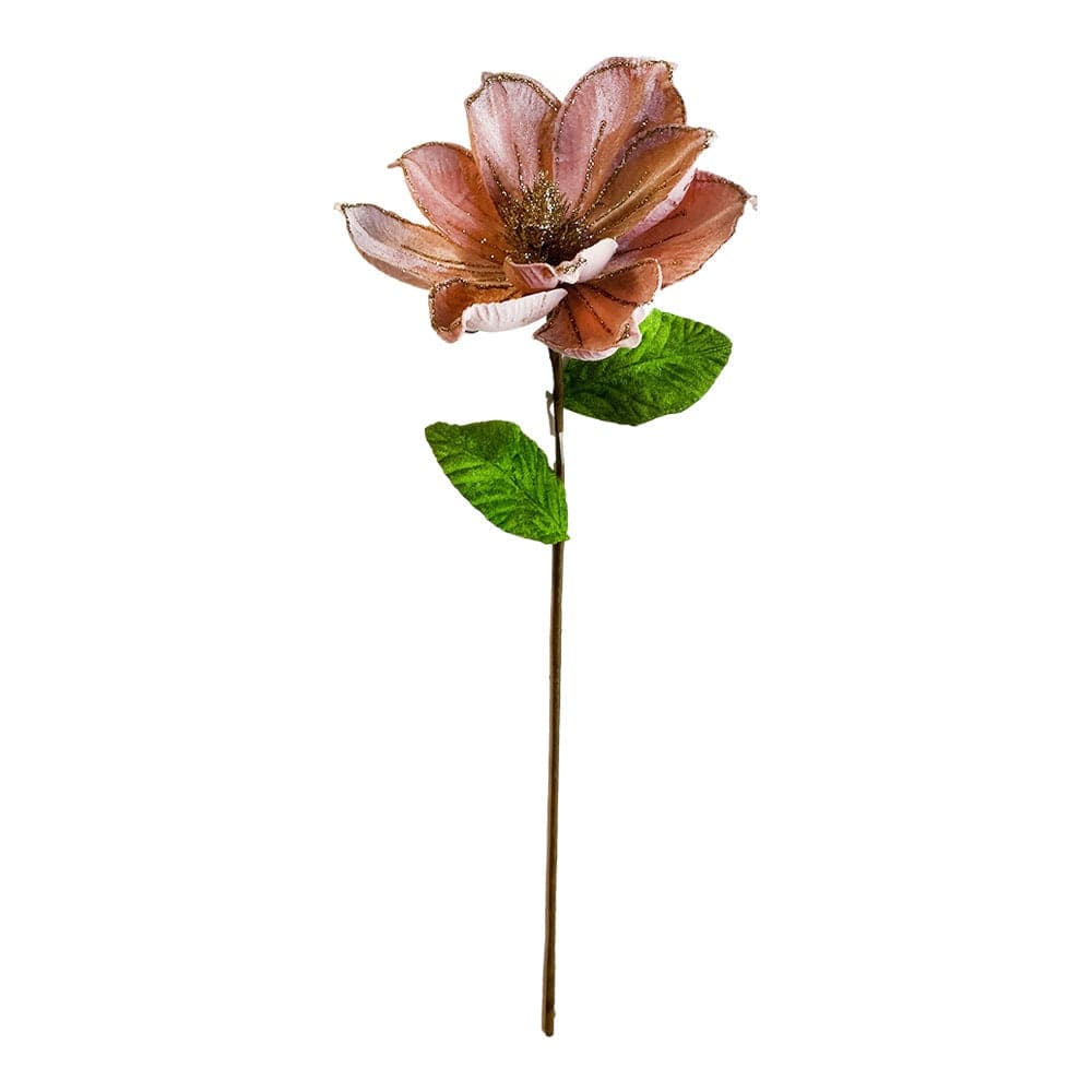 Ramo decorativo Magnolia in velluto Rosa bordo glitter oro da 15 cm - 2