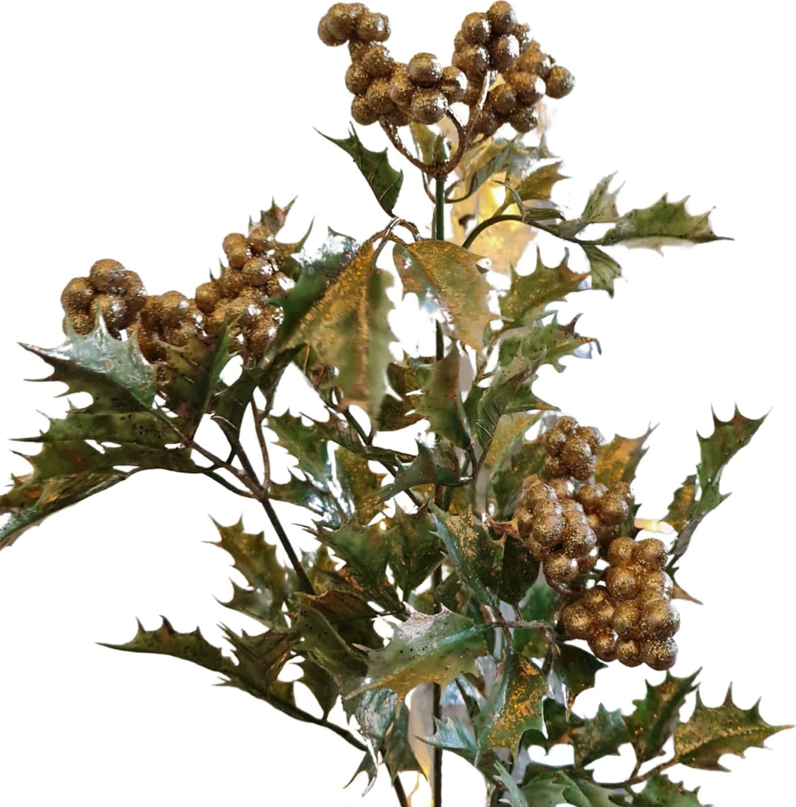 Ramo decorativo platino "Agrifoglio Bacche Oro" decorazione per albero di Natale h62 cm - 3