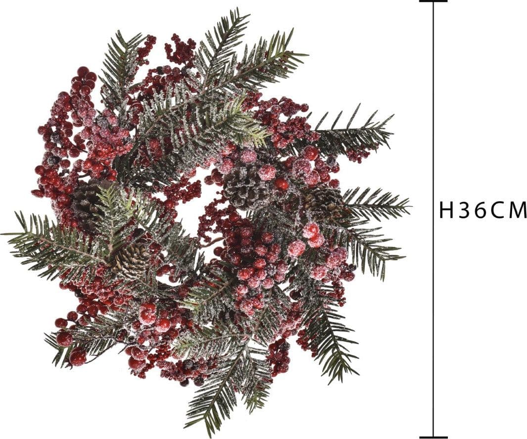 Ghirlanda tonda con bacche e brina corona natalizia Rosso e Verde, dietro porta da 36 cm - 2