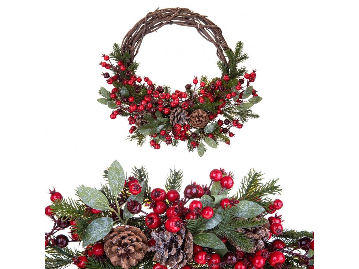Ghirlanda retro porta natalizia decorato con bacche e pigne Ø 46 cm - 3